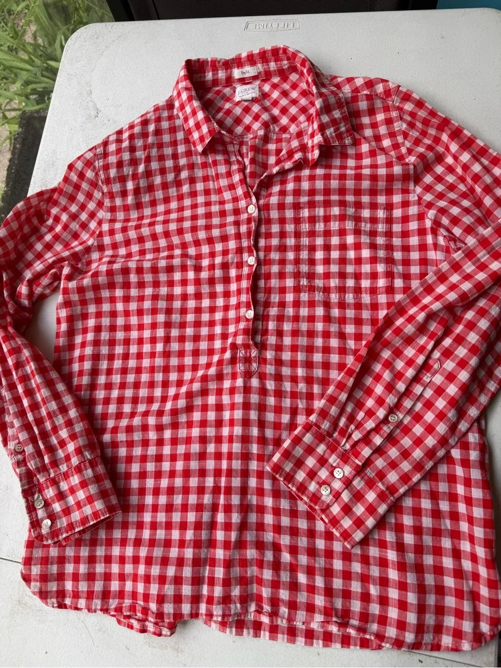 J Crew XL Red Gingham Boy Cut Button Down Shirt